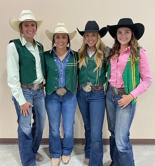 Left to right: Aimee Davis, West Coast region goat tying winner; Gravely Speth, West Coast region reserve champ breakaway roper; Sierra Spratt, West Coast region all-around cowgirl; and Madison Camozzi, West Coast Region reserve champion barrel racer.