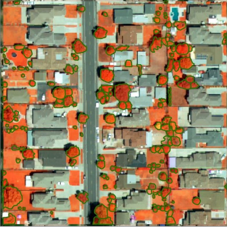 A blurry aerial image of a neighborhood with trees outlined in green. 