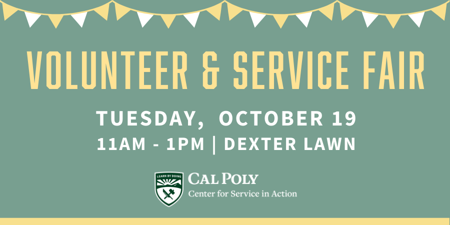 graphic that says "Volunteer and Service Fair. Tuesday, October 19. 11am-1pm at Dexter Lawn."