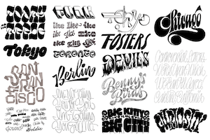 Various sketched fonts and logos.