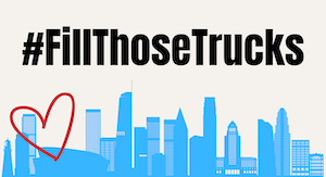 Graphic of Los Angeles cityscape and a text overlay of #FillThoseTrucks.