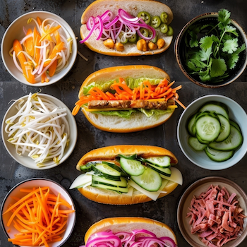 Various brightly colored vegetables in bowls and open-faced sandwiches are arranged.