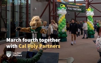 Musty runs through a balloon arch. Text overlay reads March fourth together with Cal Poly Partners.