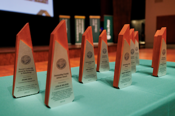 Award made of wood and metal sit on tabletop.