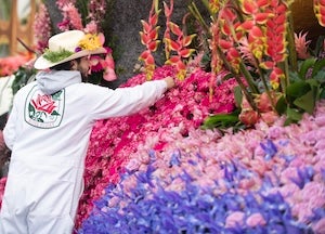 Student adds flowers to float structure.