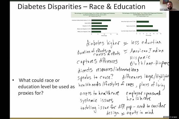 A screenshot of a powerpoint slide shared on Zoom titled "Diabetes Disparities — Race & Education" at the top. A smaller square in the top-right of the photo shows a picture of a man.  