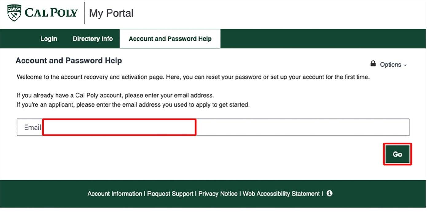 Screenshot of the portal's account and password help page