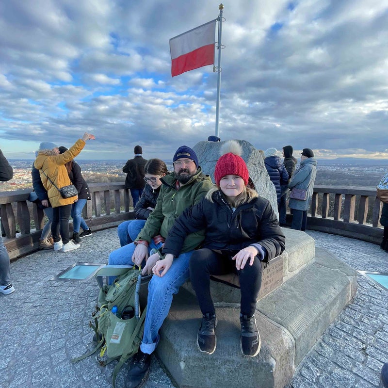 Greg Domber (center) with family members at the Kościuszko Mound in Krakow.