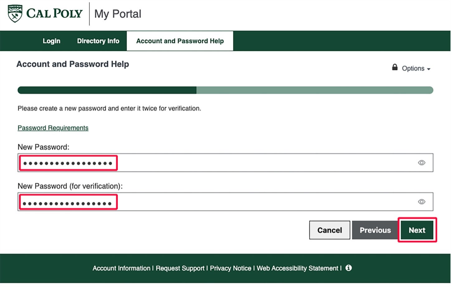 Screenshot example of entering a new password.