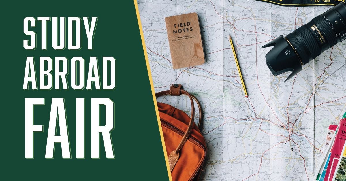 Graphic that says Study Abroad Fair on the left-side and has a road map with a notebook, camera, tote and pencil on the other. 