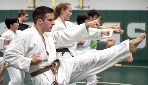 A group of men and women practicing martial arts kicks and punches