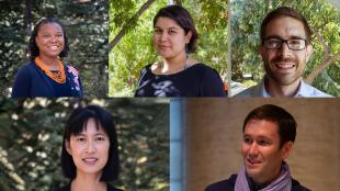 A composite photo of five professor's professional headshots.