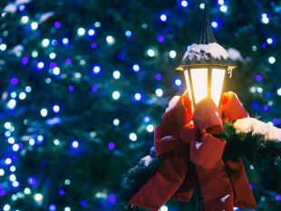 A festive lamppost covered with snow and red ribbons stands in contrast to Christmas lights in the background.