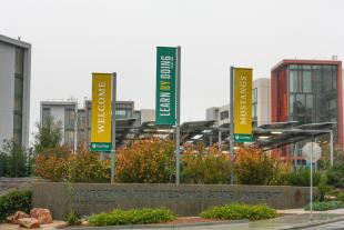 The entrance to the Cal Poly campus during a rainstorm in January 2023.