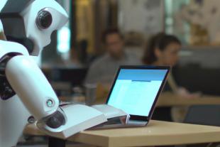 A robot types on a computer in a room full of people 