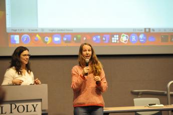 Sara Lopus, assistant professor of sociology in the College of Liberal Arts, speaks during the fourth annual Teach In. At left is Jacqueline Doremus, an Assistant Professor of Economics in the Orfalea College of Business.