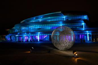 The Cal Poly PAC is illuminated in blue to thank healthcare workers on the frontlines of the COVID-19 pandemic.