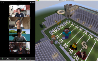 A screenshot of two professors and two students meeting via video chat while their digital avatars gather in a blocky Minecraft version of Spanos Stadium