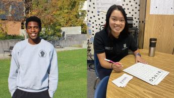 Two students, one standing on campus and smiling, and another at a desk, that are in the equity in education minor.