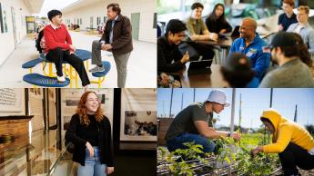 A composite image featuring students gardening, talking with a mentor and showing a museum exhibit, along with astronaut Victor Glover speaking with students.