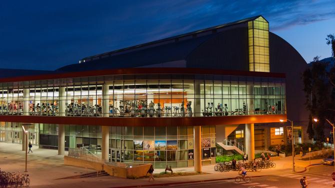 The Cal Poly Rec Center in the evening