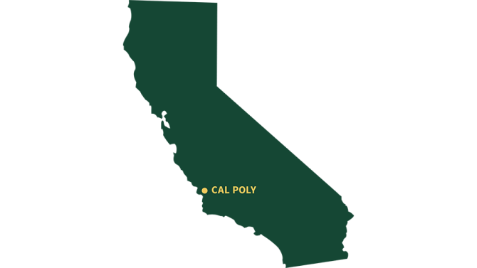 Map of California in a dark green, showing Cal Poly's location within the state